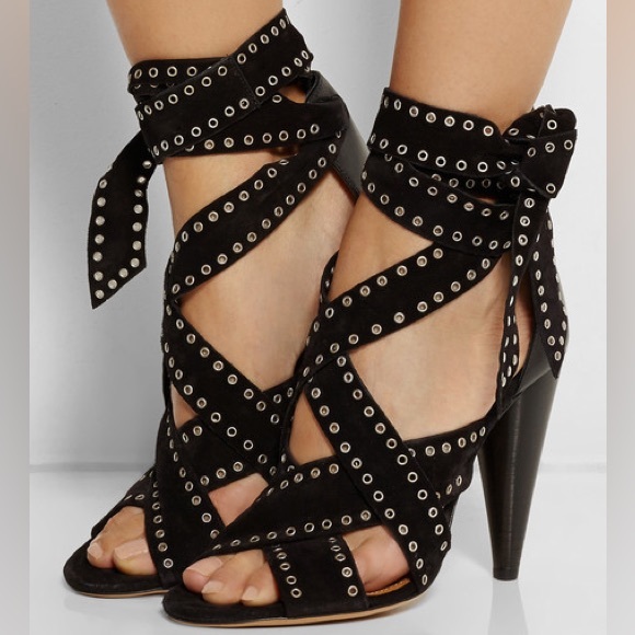Isabel Marant Black Suede Anaid Eyelet Grommet Wrap Tie Up Heels 37 6.5 7 Italy - Picture 1 of 14